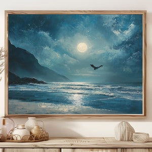 May include: A painting of a dark blue ocean scene with a full moon and a bat flying in the sky. The ocean is crashing on the shore and the moon is reflecting on the water. The sky is a dark blue with clouds.