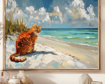 May include: A painting of an orange tabby cat sitting on a white sandy beach with blue ocean water in the background. The sky is a light blue with white clouds.