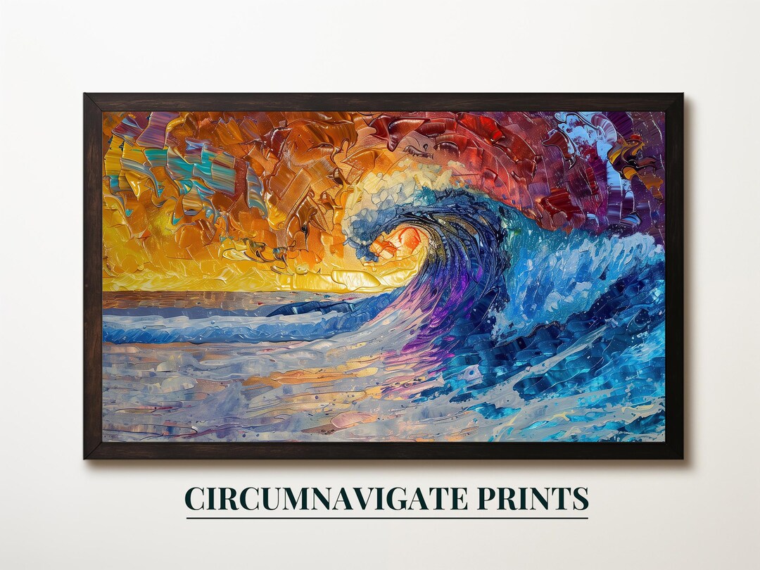 Abstract Ocean Wave Digital Art, Colorful Sea Wall Art & Vibrant Sunset ...