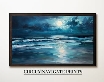 Moonlit Ocean Waves Digital Print, Coastal Night Scene Artwork, Nautical Wall Decor, Blue Seascape Painting, Printable