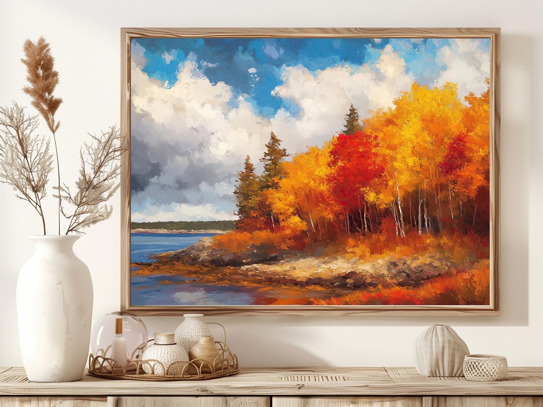 Autumn Landscape Digital Art Print, Fall Forest by Lake, Seasonal Wall ...
