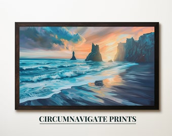 Sunset Beach Digital Painting, Ocean Sunset Art Download, Coastal Wall Decor, Beach Landscape Digital Art Print