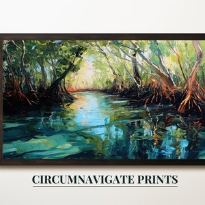 May include: A painting of a river flowing through a lush green mangrove forest. The water is a vibrant blue-green color and the trees have thick, dark roots that extend into the water. The painting is framed in a dark wood frame.