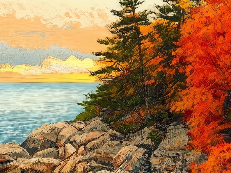 Autumn Coastal Landscape Art Print Digital Download, Fall Foliage Ocean ...