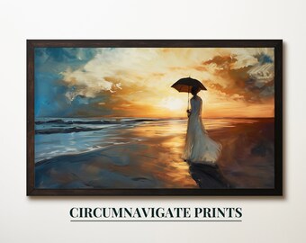 Woman with Umbrella Sunset Beach Scene Digital Art Print, Coastal Ocean Landscape Wall Art, Sunset Digital Download
