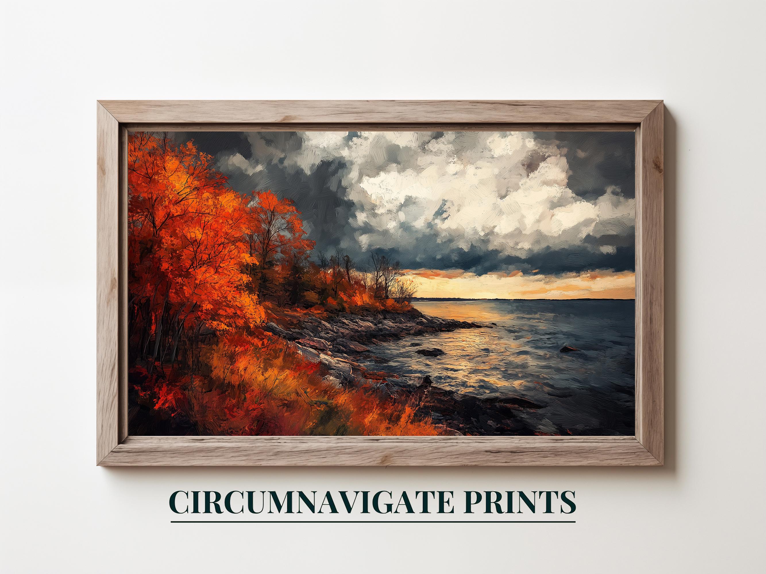 Autumn Forest at Sunset Digital Painting, Dramatic Sky Over Lakeside ...