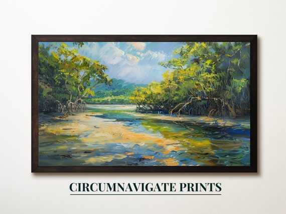 Tropical River Landscape Digital Painting, Lush Greenery and Serene Water, Printable Wall Art