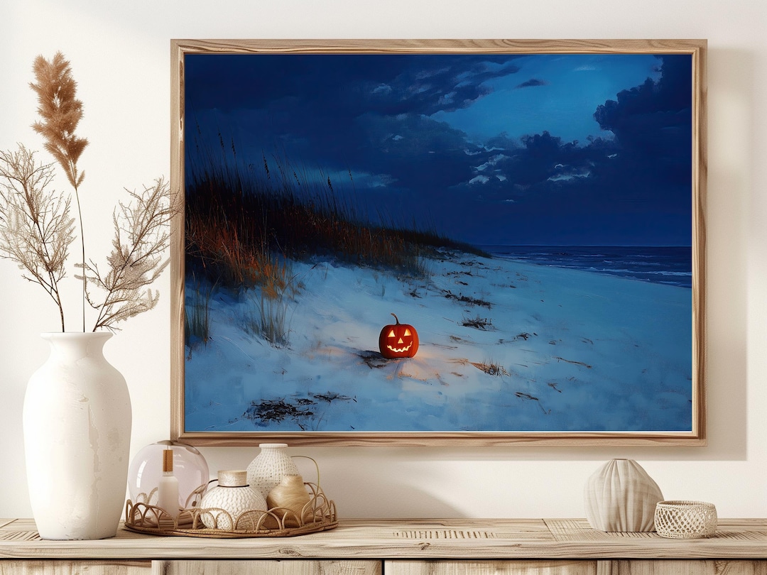 Halloween Beach Digital Download, Spooky Pumpkin Artwork for Coastal ...