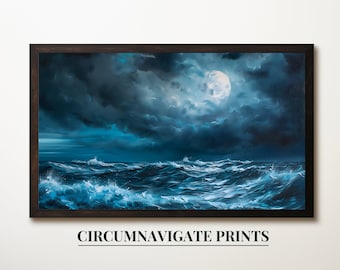 Stormy Night Ocean Waves Digital Art Print, Full Moon Over Sea, Dramatic Seascape Wall Art, High Resolution Download