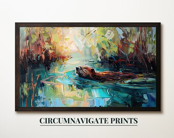 Beaver Swimming In Pond Digital Art Print, Wildlife Painting, Forest Landscape Wall Decor, Instant Download Nature Decor
