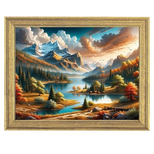 May include: A framed painting of a mountain lake scene with snow-capped mountains in the background, a blue lake in the foreground, and trees in shades of green, yellow, and red.