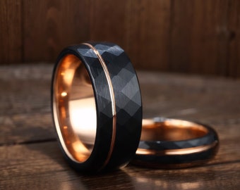 Mens Wedding Band Black Hammered Obsidian Tungsten Rose Gold Wedding Band, Mens Ring Husband Gifts,Engagement Ring