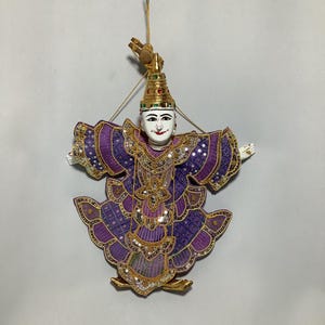 Purple Burmese Marionette Puppet - Handcrafted 15&quot; Wooden String Doll with Rich Purple Embroidery
