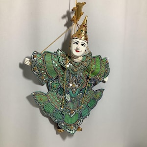 Green Burmese Marionette Puppet - Handcrafted 15&quot; Wooden Yoke Thay with Intricate Green Costume
