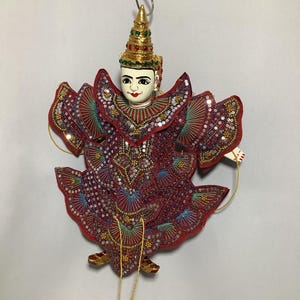 Maroon Burmese Marionette Puppet - Elegant 15&quot; Hand-Carved Wooden Puppet with Maroon Sequined Costume