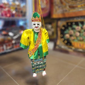 Burmese Royal Ambassador Puppet 14” | Traditional Myanmar Marionette Doll | Vintage-Style Collectible Deco