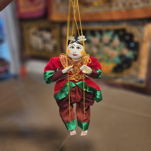 Traditional Burma Girl Puppet - 12&quot; Handmade Burmese Marionette, Colorful Myanmar Rod Puppet, Thai Décor, Thailand Souvenir