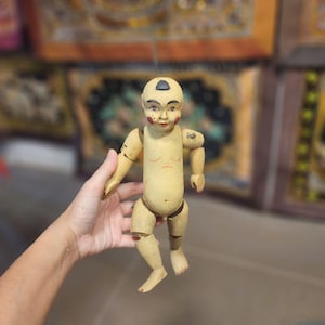 Burmese Boy Puppet with Painted Hair – Vintage Style Wooden Marionette Doll – 10 inch Handcrafted Figurine