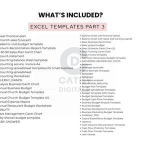 May include: A white page with the title "WHAT'S INCLUDED?" and the subtitle "EXCEL TEMPLATES PART 3." The page lists various Excel templates, including financial plans, budget templates, and Gantt charts. The text is in black.