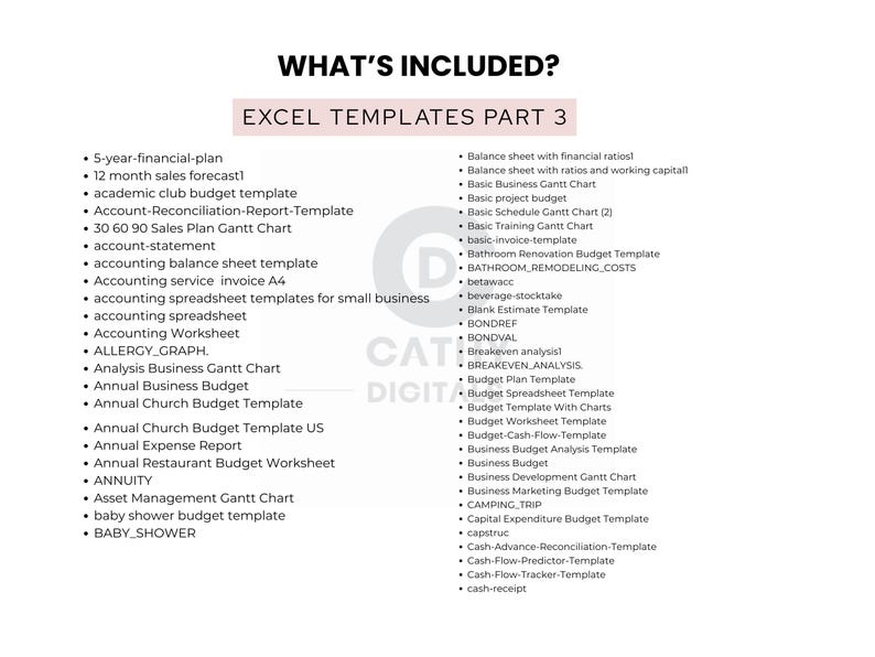 May include: A white page with the title "WHAT'S INCLUDED?" and the subtitle "EXCEL TEMPLATES PART 3." The page lists various Excel templates, including financial plans, budget templates, and Gantt charts. The text is in black.