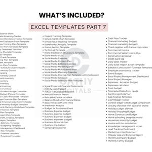 May include: A white document titled "WHAT'S INCLUDED?" lists Excel templates for various financial and project management needs. The templates are categorized, including budgeting, tracking, and social media planning. The document is designed to help users organize and manage their finances.