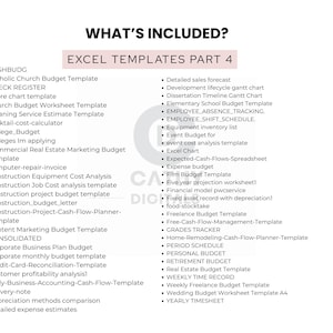 May include: A white background with the text "WHAT'S INCLUDED?" and "EXCEL TEMPLATES PART 4" in black and pink. The image lists various Excel templates, including budget, financial, and project management tools. The list includes templates for personal, business, and educational use.