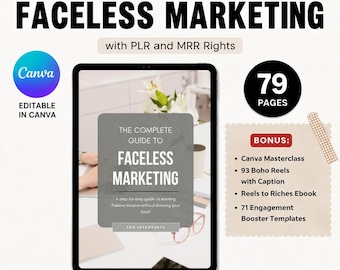 The Complete Guide to Faceless Marketing Ebook and Guide Digital Marketing Canva Template with MRR and PLR Digital Marketing Guide Ebook