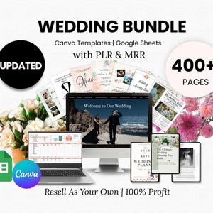 Puede incluir: Un paquete de boda digital con plantillas de Canva y Google Sheets, con el texto "WEDDING BUNDLE". La imagen incluye un portátil, un ordenador de sobremesa, una tableta y materiales impresos, con el texto "400+ PAGES" y "Resell As Your Own | 100% Profit".