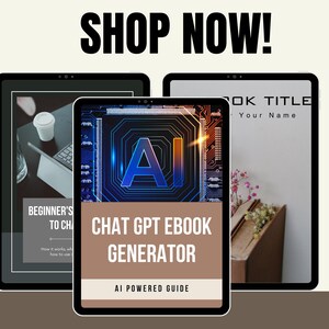May include: Three digital tablet screens showing different ebook covers. The center screen shows a blue and orange digital design with the text "CHAT GPT EBOOK GENERATOR AI POWERED GUIDE". The left screen shows a photo of a laptop and a coffee cup with the text "BEGINNER'S TO CHAT". The right screen shows a photo of a book with the text "BOOK TITLE Your Name".