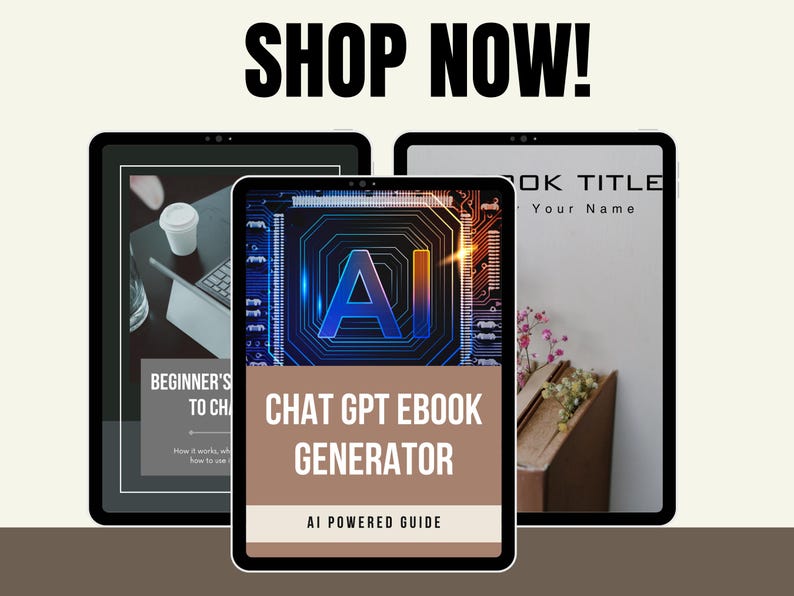 May include: Three digital tablet screens showing different ebook covers. The center screen shows a blue and orange digital design with the text "CHAT GPT EBOOK GENERATOR AI POWERED GUIDE". The left screen shows a photo of a laptop and a coffee cup with the text "BEGINNER'S TO CHAT". The right screen shows a photo of a book with the text "BOOK TITLE Your Name".