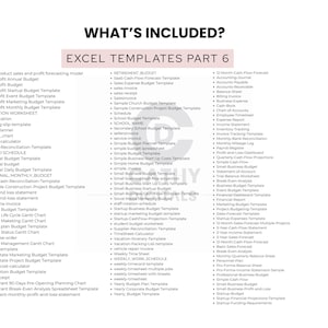 May include: A white page with the text "WHAT'S INCLUDED?" and "EXCEL TEMPLATES PART 6". Lists of templates for budgets, forecasts, and financial statements are included. The text is in black.