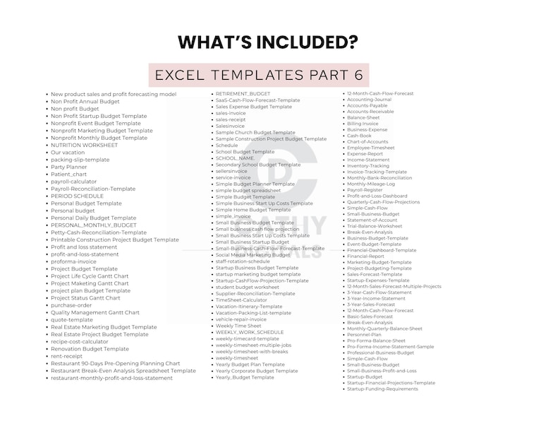 May include: A white page with the text "WHAT'S INCLUDED?" and "EXCEL TEMPLATES PART 6". Lists of templates for budgets, forecasts, and financial statements are included. The text is in black.