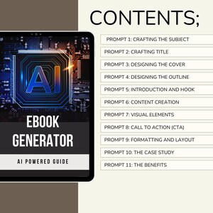 May include: A digital illustration of an ebook generator with the text "EBOOK GENERATOR AI POWERED GUIDE" and a list of prompts for creating an ebook, including "Crafting the Subject", "Crafting Title", "Designing the Cover", "Designing the Outline", "Introduction and Hook", "Content Creation", "Visual Elements", "Call to Action (CTA)", "Formatting and Layout", "The Case Study", and "The Benefits".
