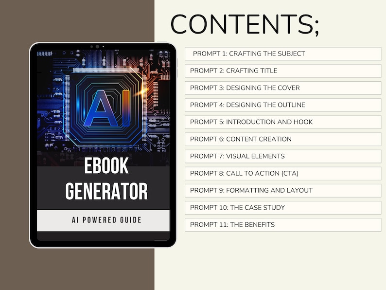 May include: A digital illustration of an ebook generator with the text "EBOOK GENERATOR AI POWERED GUIDE" and a list of prompts for creating an ebook, including "Crafting the Subject", "Crafting Title", "Designing the Cover", "Designing the Outline", "Introduction and Hook", "Content Creation", "Visual Elements", "Call to Action (CTA)", "Formatting and Layout", "The Case Study", and "The Benefits".