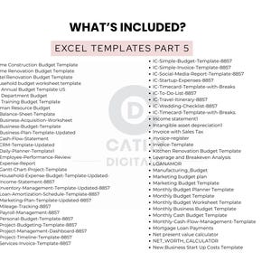 May include: A digital document titled "WHAT'S INCLUDED?" lists Excel templates, including budget, planning, and financial management tools. The text is in black font on a white background, with a pink header.