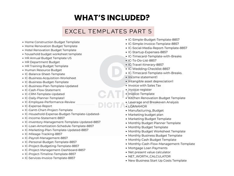 May include: A digital document titled "WHAT'S INCLUDED?" lists Excel templates, including budget, planning, and financial management tools. The text is in black font on a white background, with a pink header.