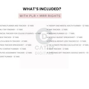 May include: A white graphic with the text "WHAT'S INCLUDED?" and a list of digital planners, including a Christmas planner, fitness tracker, and budget spreadsheet. The text "WITH PLR + MRR RIGHTS" is also included.