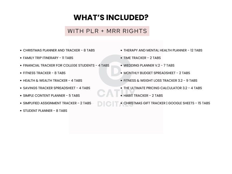 May include: A white graphic with the text "WHAT'S INCLUDED?" and a list of digital planners, including a Christmas planner, fitness tracker, and budget spreadsheet. The text "WITH PLR + MRR RIGHTS" is also included.