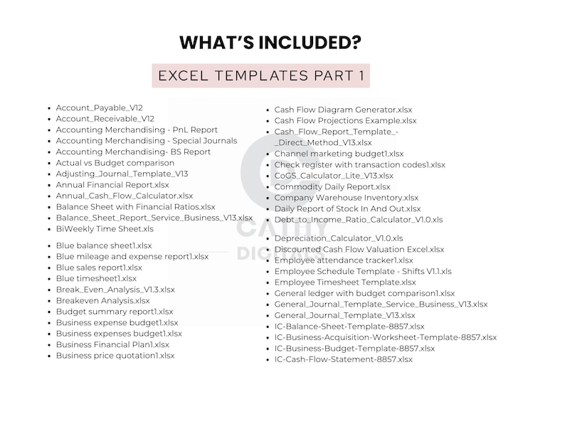 May include: A white background with the text "WHAT'S INCLUDED?" and "EXCEL TEMPLATES PART 1" in black and pink. The image lists various Excel templates for accounting, financial reports, and business analysis, including balance sheets and cash flow projections.