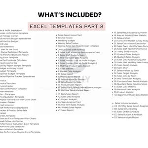 May include: A white background displays a list of Excel templates, categorized under "WHAT'S INCLUDED?" and "EXCEL TEMPLATES PART 8." The text is black, with a pink header. The templates cover sales, finance, and project management.