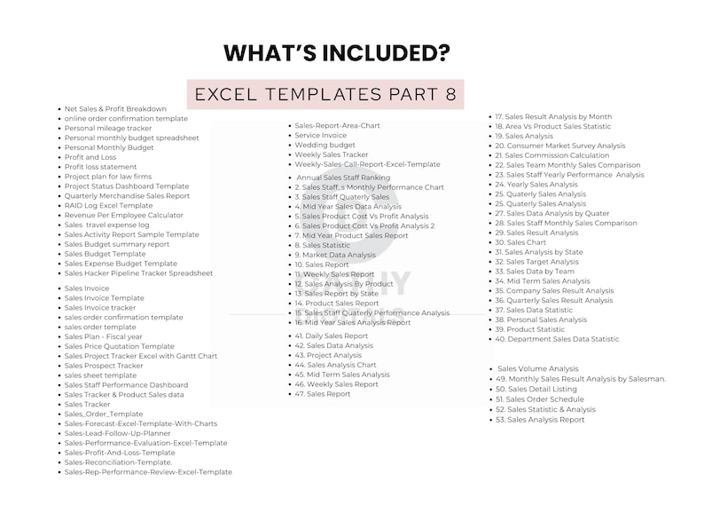 May include: A white background displays a list of Excel templates, categorized under "WHAT'S INCLUDED?" and "EXCEL TEMPLATES PART 8." The text is black, with a pink header. The templates cover sales, finance, and project management.