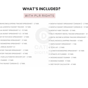 May include: A white graphic lists various spreadsheet templates, including budget trackers, inventory trackers, and financial planning tools. The text "WHAT'S INCLUDED?" and "WITH PLR RIGHTS" are at the top. The image is designed for digital financial organization.
