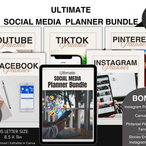 以下が含まれることがあります： YouTube、Facebook、TikTok、Pinterest、Instagram の各ソーシャルメディア用のデジタルプランナーバンドル。このバンドルには、ボーナスInstagram投稿スターターキット、Canvaガイド、Pinterestピンスタートキットテンプレート、Instagramストーリーエンゲージメントテンプレートが含まれており、Canvaで編集可能です。プランナーは8.5インチ×11インチです。