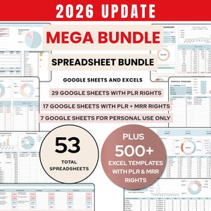 Op de afbeelding: Een promotieafbeelding voor een spreadsheetbundel. De afbeelding toont de tekst "2026 UPDATE MEGA BUNDLE SPREADSHEET BUNDLE" en details over Google Sheets- en Excel-sjablonen. Het bevat 53 spreadsheets in totaal en 500+ Excel-sjablonen met PLR & MRR-rechten.