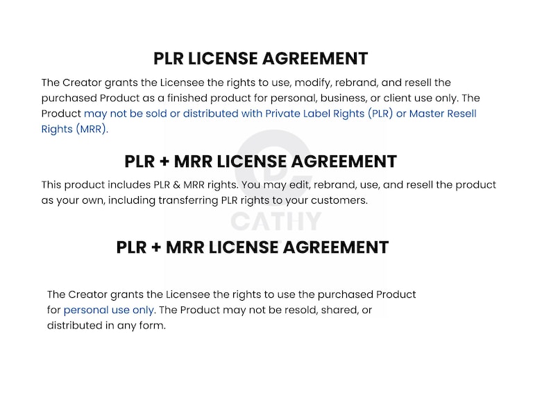 May include: White document with black text detailing PLR and MRR license agreements. The text includes information on usage rights, modification, and resale of products. The document is for personal or business use.