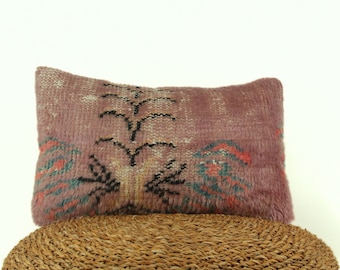 Decorative Throw Handmade Pilllow Case - Vintage Lumbar Aztec Pillow - Boho Couch Textured pillow - Pink Anatolian Euro Sham Cover