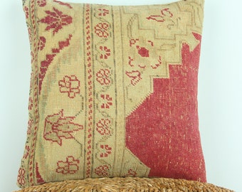 Handmade Turkish Kilim Pillow Cover • Vintage Wool Throw Pillow, 16"