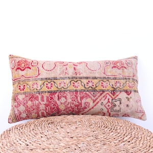 Kilim Pillow Cover 12x24, Boho Pillow, Decorative Pillowcase, Handmade Turkish Anatolian Carpet Pillow, Red Design Lumbar Cushion Gift Idea