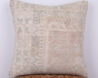 Handmade Vintage Kilim Pillow Cover, Beige Embroidered Bohemian Decor (20x20)
