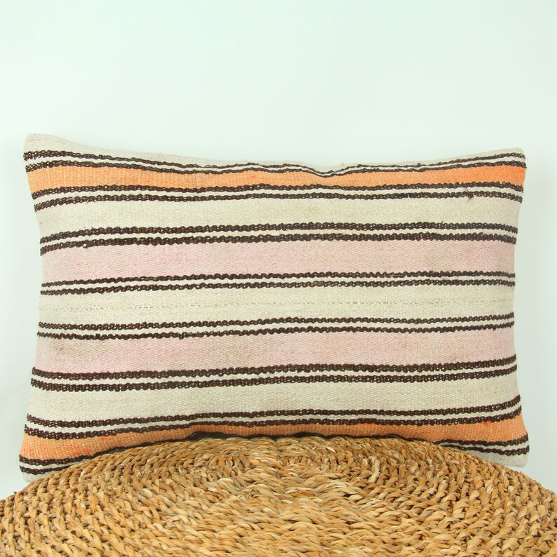 Hemp Natural Kilim Pillow / Striped Pillow / Modern Farmhouse Pillow Cover / Turkish Pillow Case / Designer Pillow Cover / 16x24 Cushion image 1